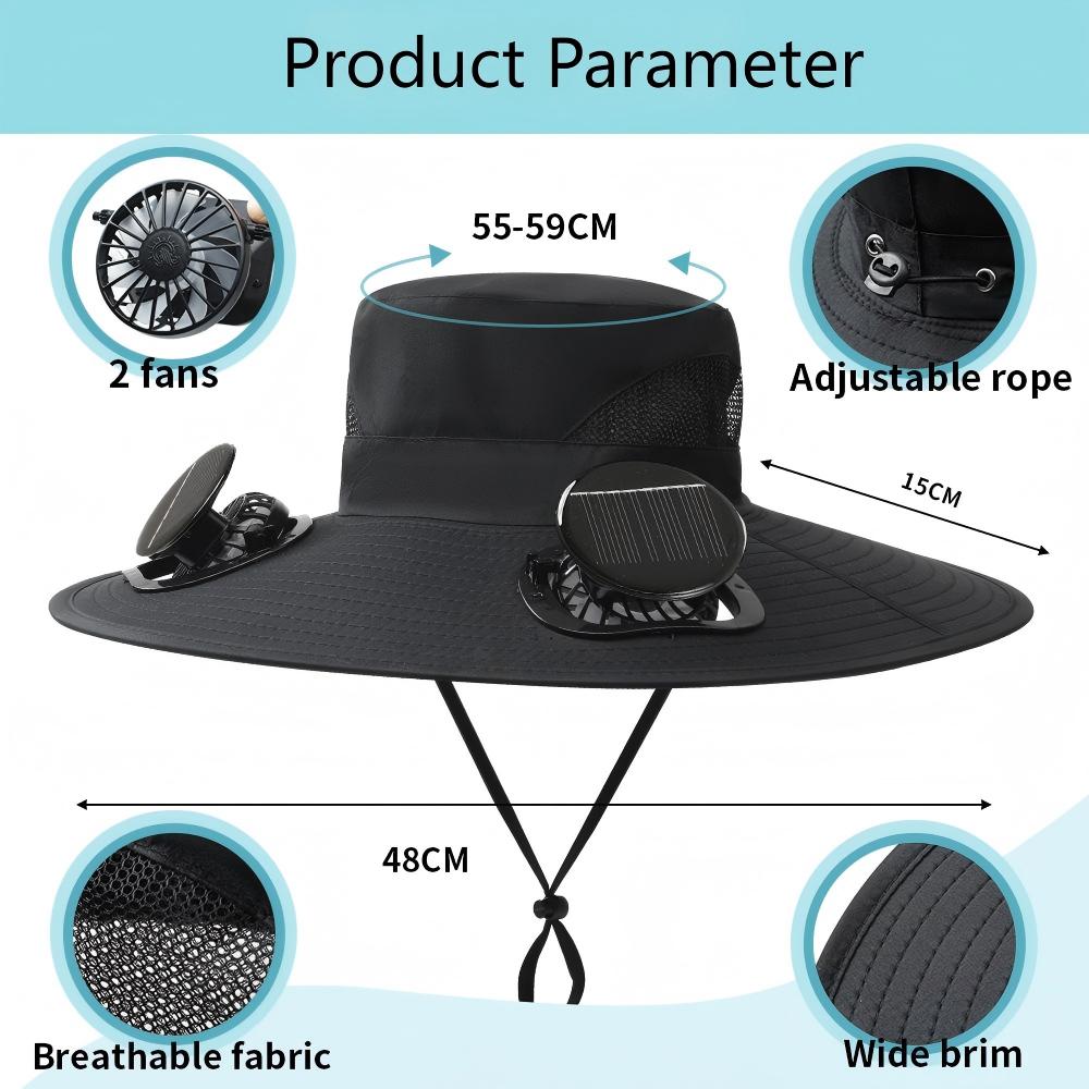 Wide Brim Solar Fan Hats for Men Women - UPF 50+ Hat with Solar Fans Built in- Solar panel & USB Charging Fan