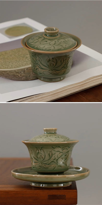 Yaozhou celadon cover bowl, chinese traditional porcelain,Yaozhou porcelain