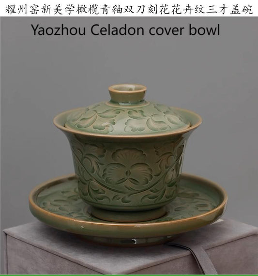 Yaozhou celadon cover bowl, chinese traditional porcelain,Yaozhou porcelain