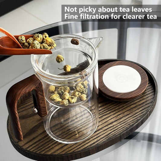 Glass Tea Infuser Pot with Wooden Handle, Enchanted Teapot with Strainer
